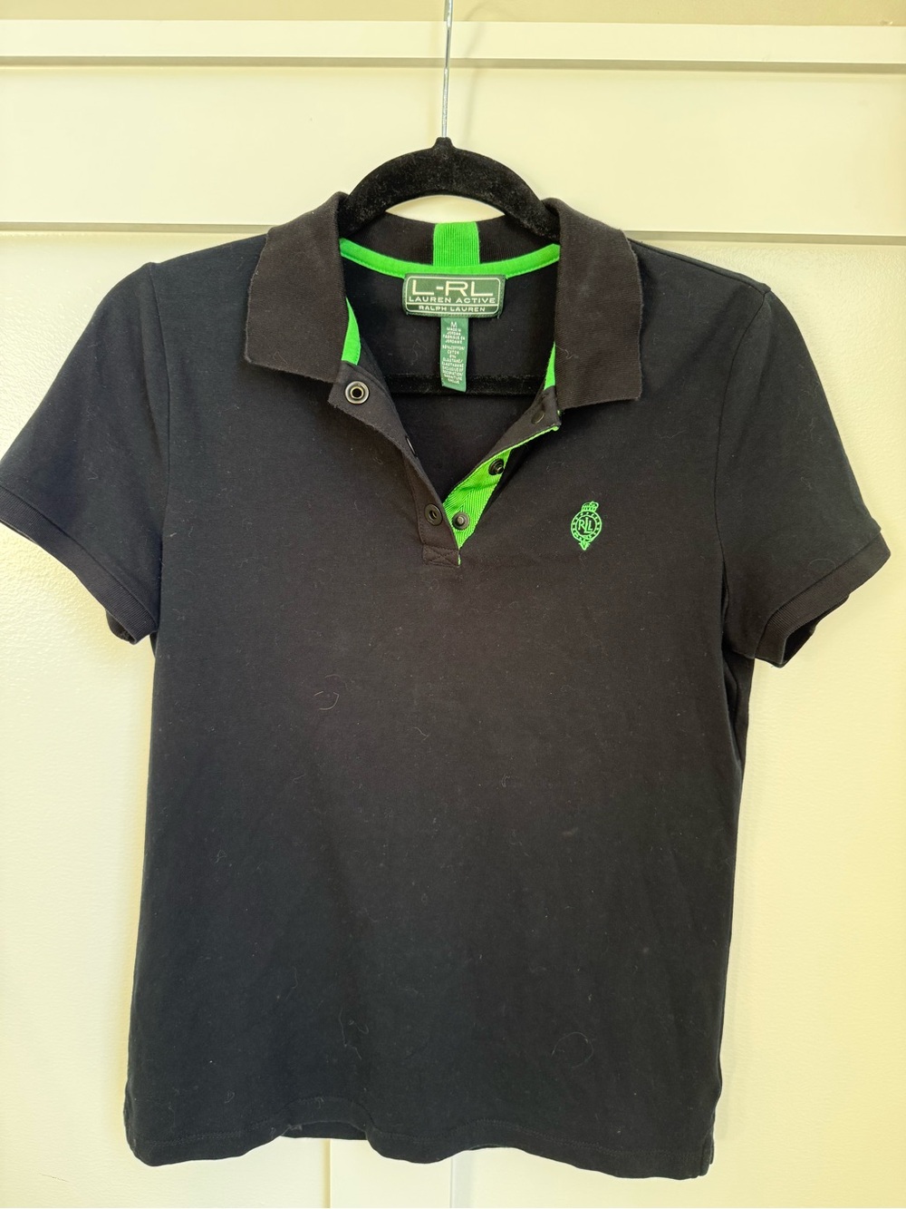 Ralph Lauren Active Womenâs Black Polo Shirt with Green Trim M Preppy Golf